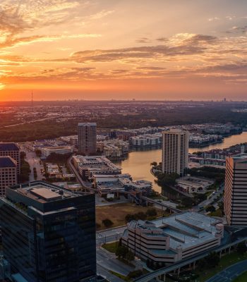 Aerial View of the Irving, Texas Skyline at Sunrise during Summer