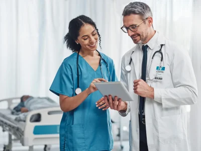 Digital tablet, collaboration and team of doctors analyzing results or diagnosis of patient in clinic. Teamwork, medical and healthcare workers in discussion and research on mobile device in hospital.